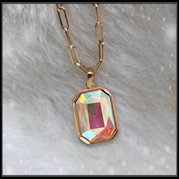 14k Gold Aurora Borealis Prism Emerald Cut Crystal Minimalist Paperclip Necklace - Picture 4 of 9